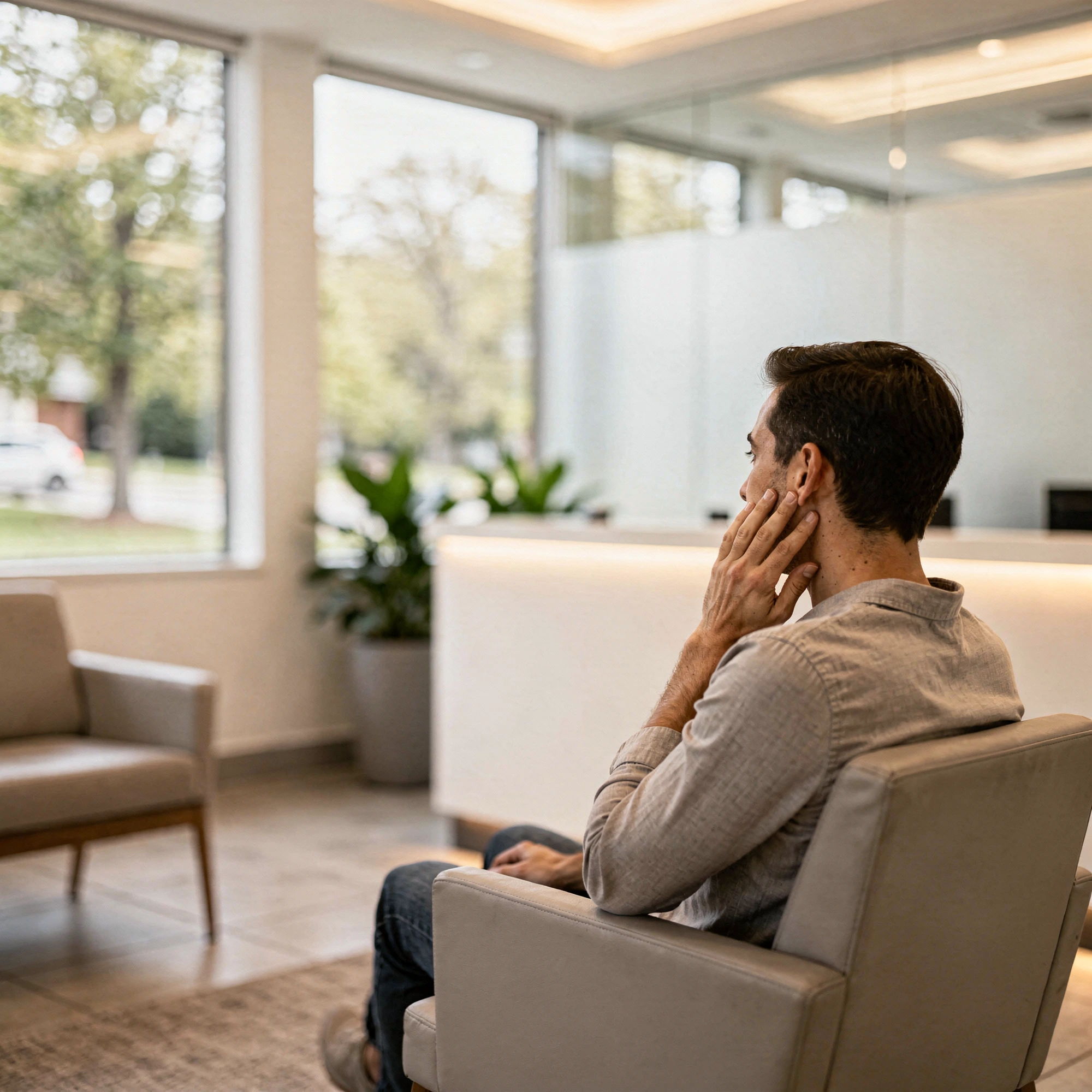 Man holding his cheek in pain while waiting in a modern dental office reception area